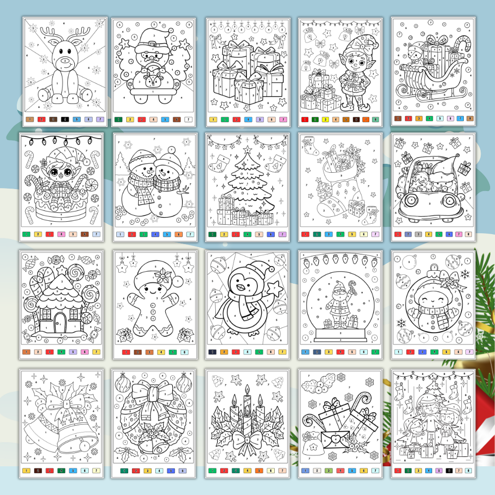 Joulun värityskirja numeroiden mukaan (21 sivua, tulostettava PDF)