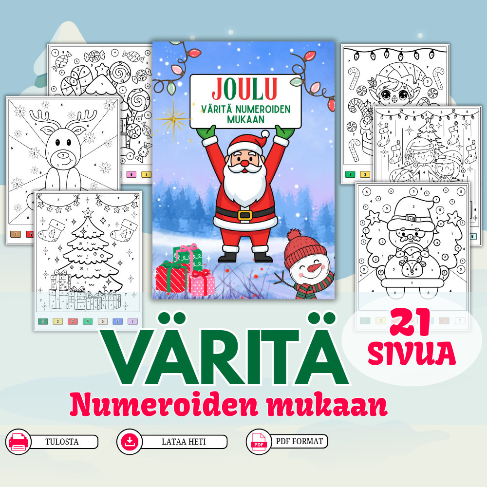 Joulun värityskirja numeroiden mukaan (21 sivua, tulostettava PDF)