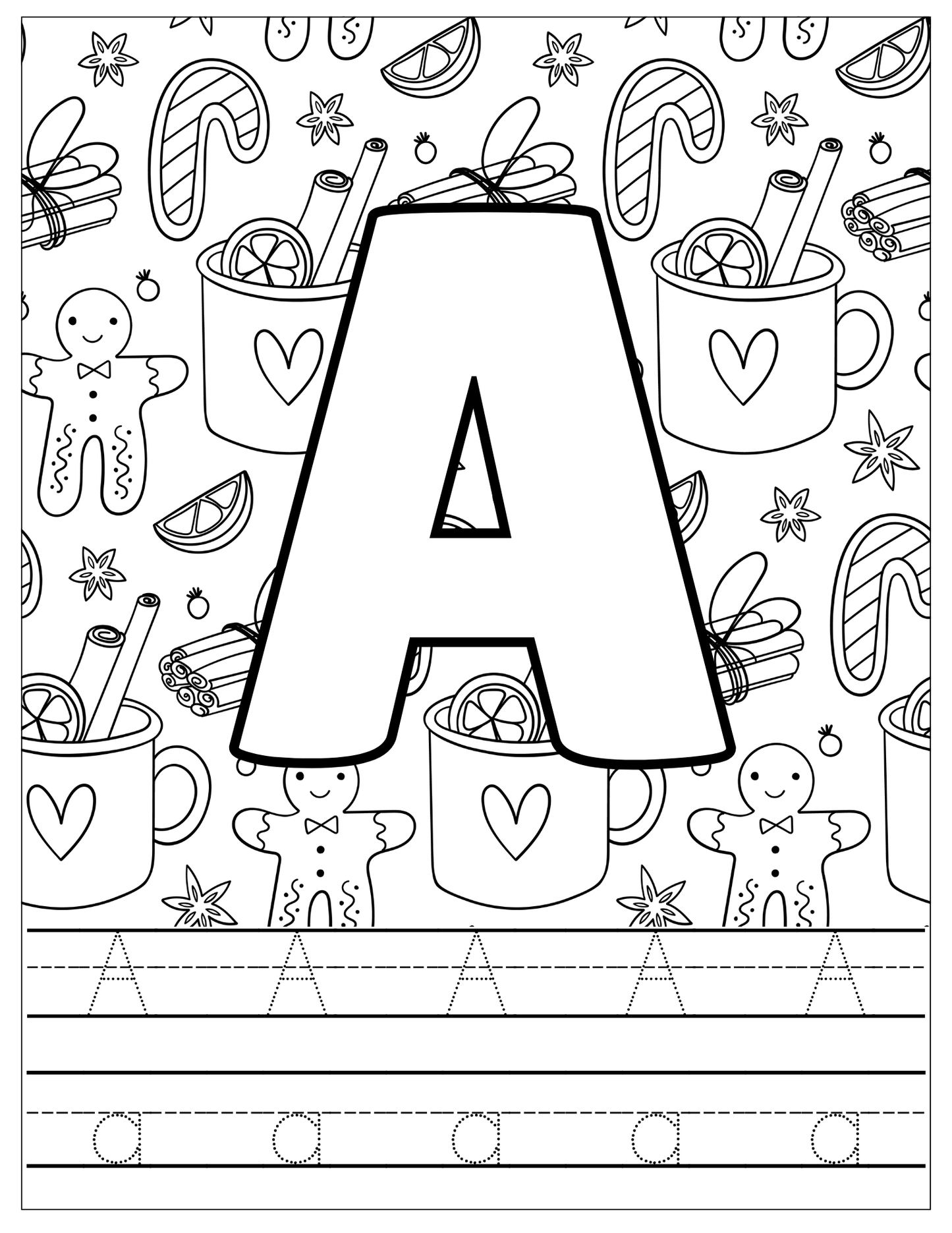 Jouluinen aakkoset – värityssivut lapsille (PDF, tulostettava)