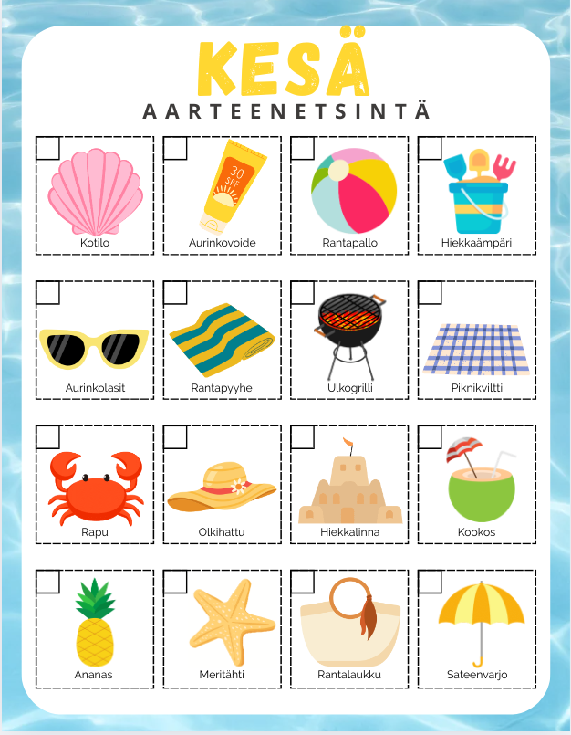 Kesäloman pelastus – Valmis aarteenetsintäpaketti kotiin tai retkelle 🏖️☀️ | Tulostettava lasten aktiviteetti