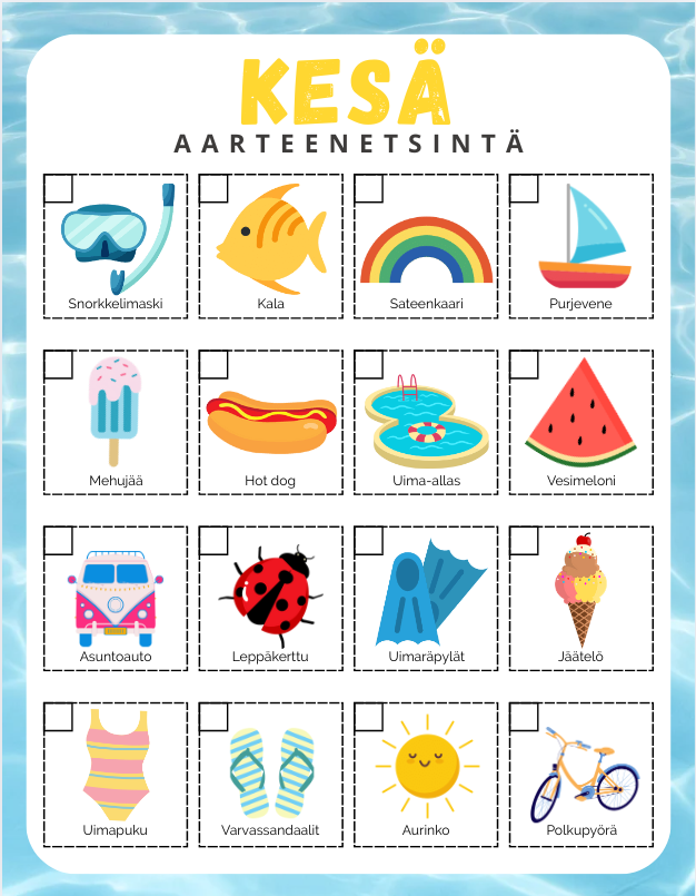 Kesäloman pelastus – Valmis aarteenetsintäpaketti kotiin tai retkelle 🏖️☀️ | Tulostettava lasten aktiviteetti