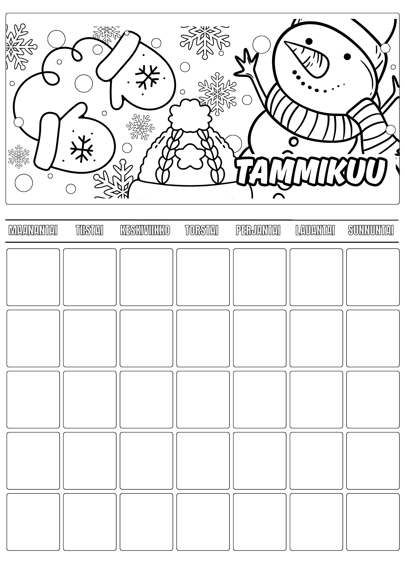 Lasten väritettävä kalenteri – koko vuosi väritettävää iloa (A4 PDF)