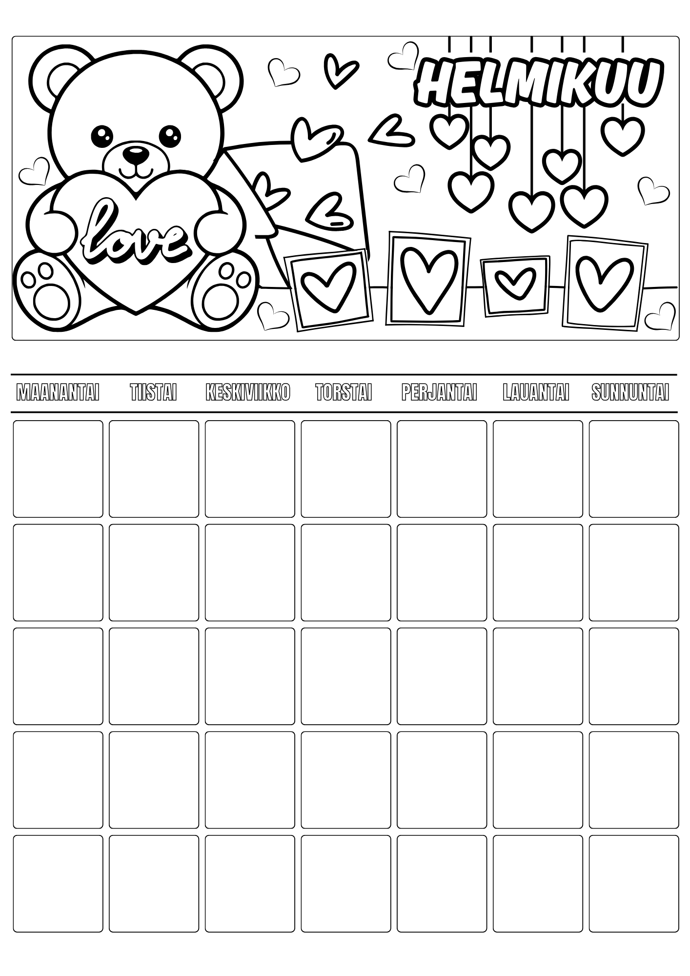 Lasten väritettävä kalenteri – koko vuosi väritettävää iloa (A4 PDF)