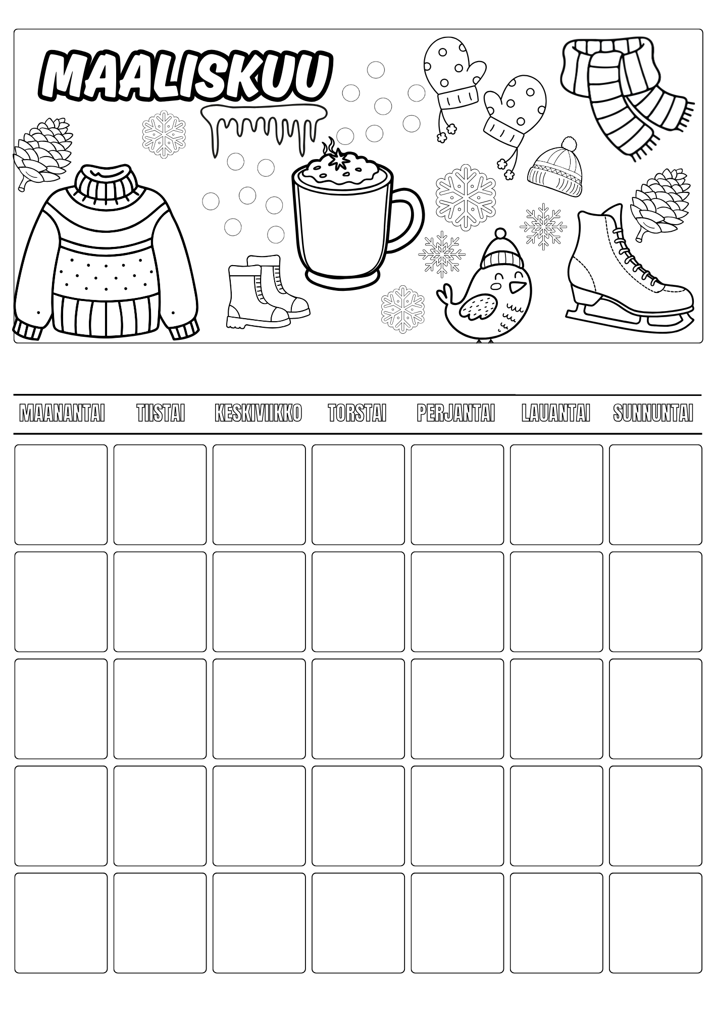 Lasten väritettävä kalenteri – koko vuosi väritettävää iloa (A4 PDF)