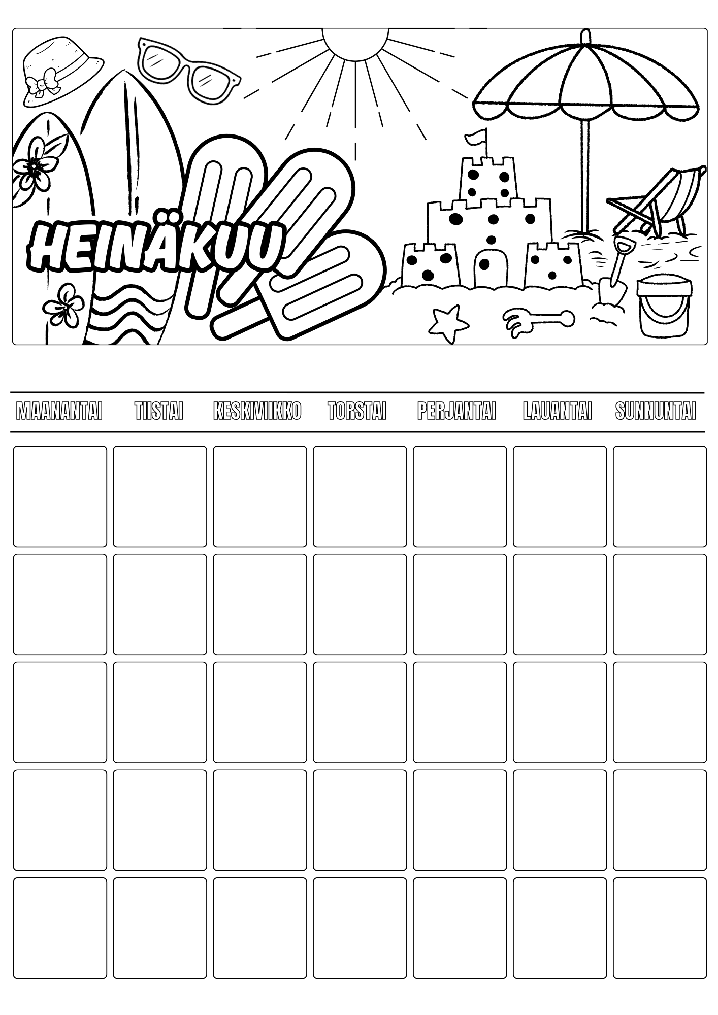 Lasten väritettävä kalenteri – koko vuosi väritettävää iloa (A4 PDF)