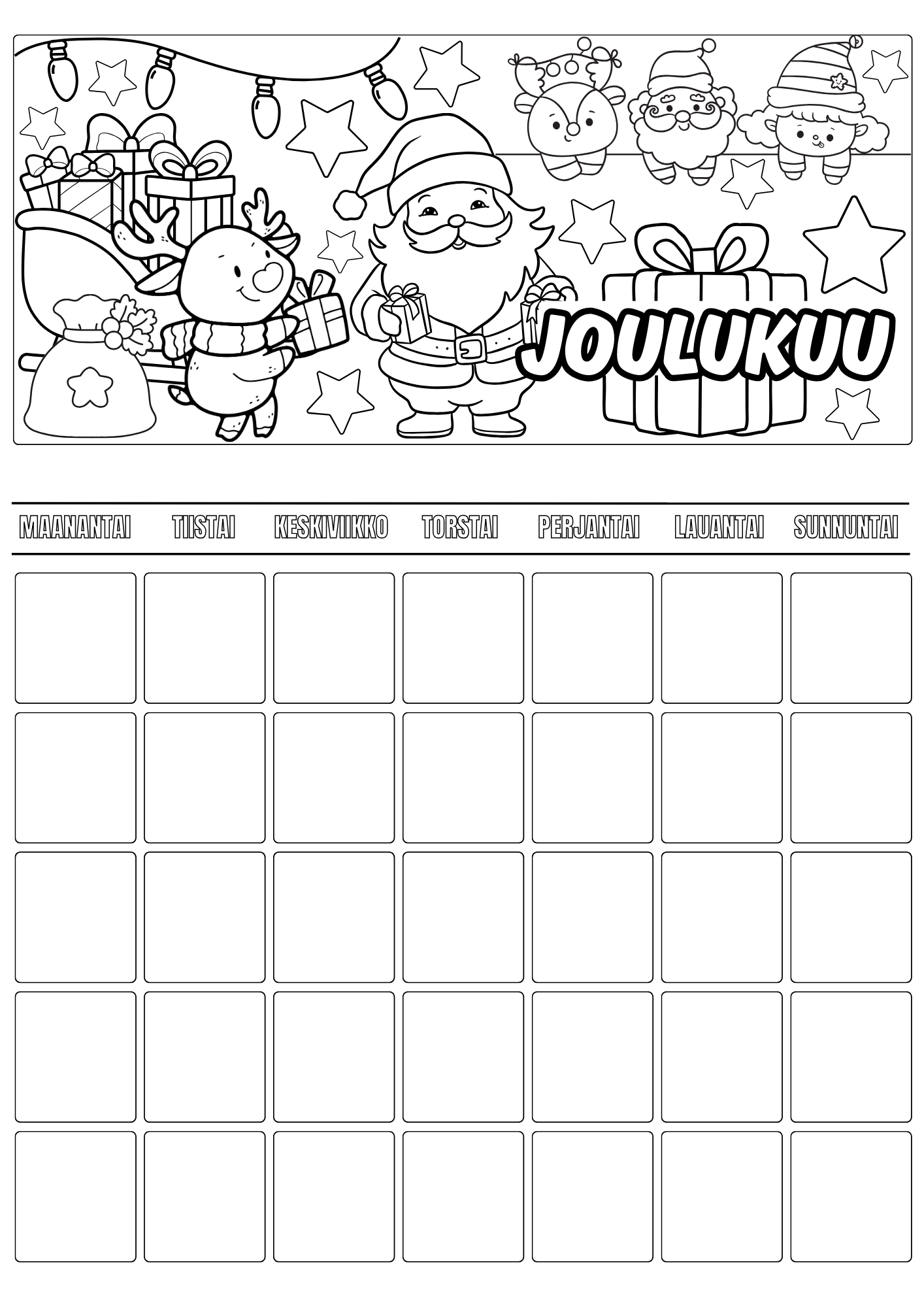 Lasten väritettävä kalenteri – koko vuosi väritettävää iloa (A4 PDF)