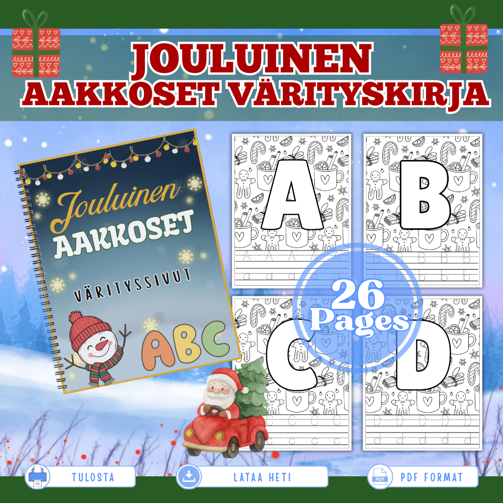 Jouluinen aakkoset – värityssivut lapsille (PDF, tulostettava)