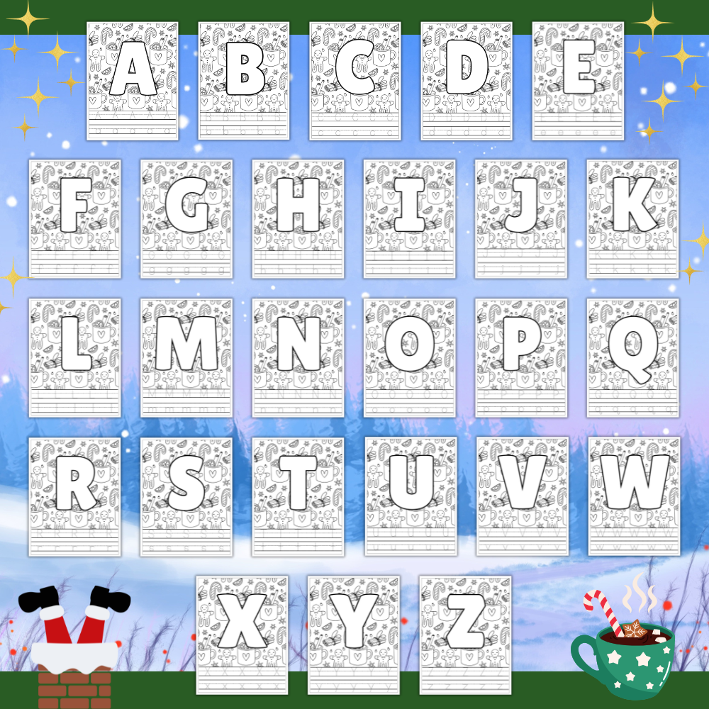 Jouluinen aakkoset – värityssivut lapsille (PDF, tulostettava)