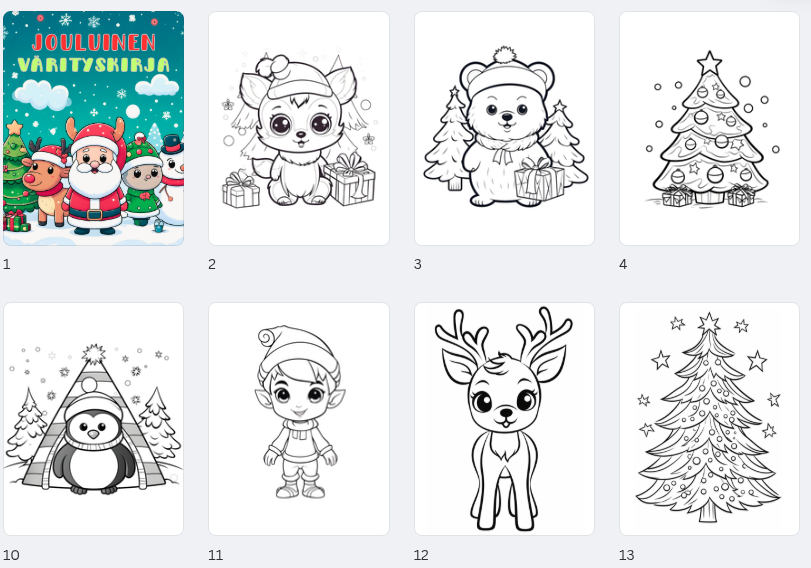 Helppo jouluinen värityskirja lapsille (PDF, tulostettava)