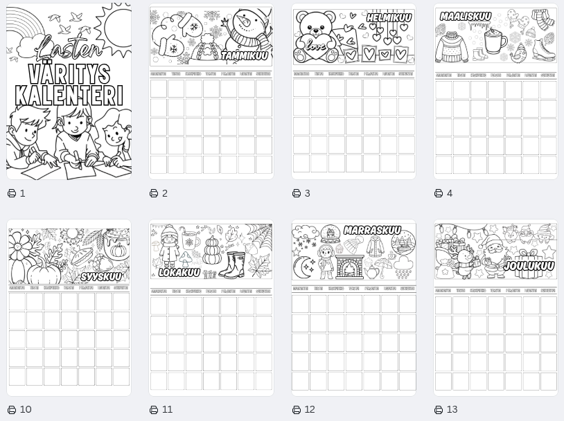 Lasten väritettävä kalenteri – koko vuosi väritettävää iloa (A4 PDF)