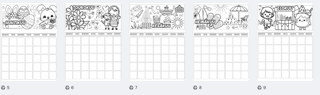 Lasten väritettävä kalenteri – koko vuosi väritettävää iloa (A4 PDF)