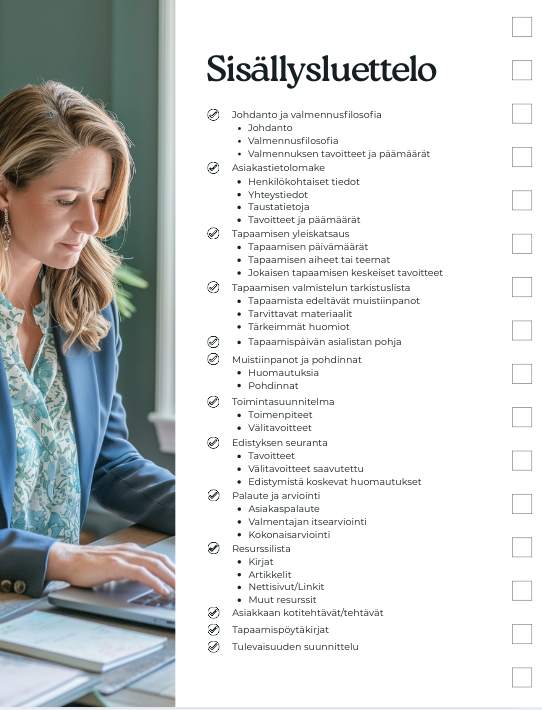 Työpohjat valmentajalle – Selkeytä istunnot ja rakenna luottamusta - valmennustapaamisten suunnittelija – Tuo selkeyttä, kasvua ja tuloksia valmennusmatkallesi! ✨🖋️✅