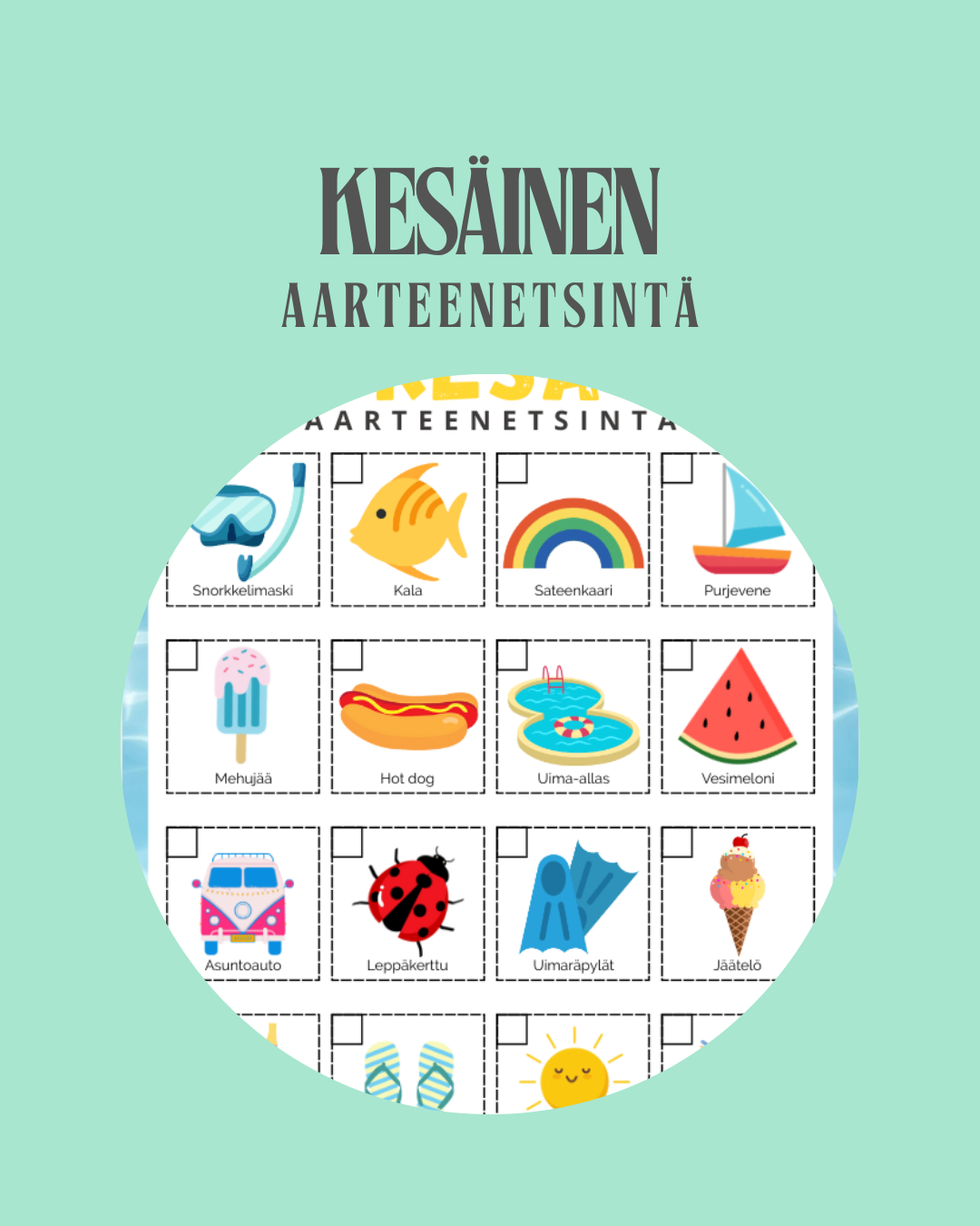 Kesäloman pelastus – Valmis aarteenetsintäpaketti kotiin tai retkelle 🏖️☀️ | Tulostettava lasten aktiviteetti